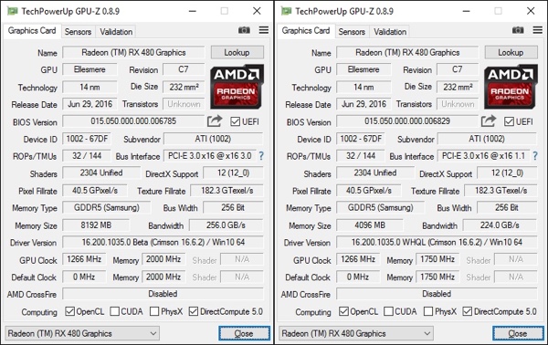 AMD Radeon RX 480 mit 8 GB (links) und 4 GB (rechts)
