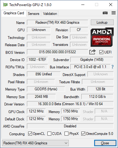 GPU-Z-Screenshot zur Gigabyte Radeon RX 460
