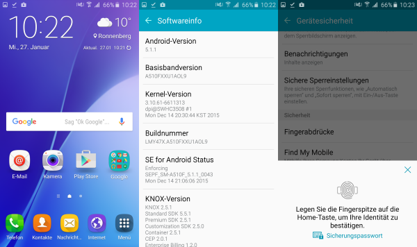 Android 5.1.1 und TouchWiz kommt auf beiden Modellen zum Einsatz, den Fingerabdrucksensor gibt es nur im größeren