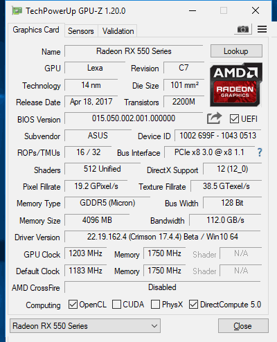asus rx550 gpuz
