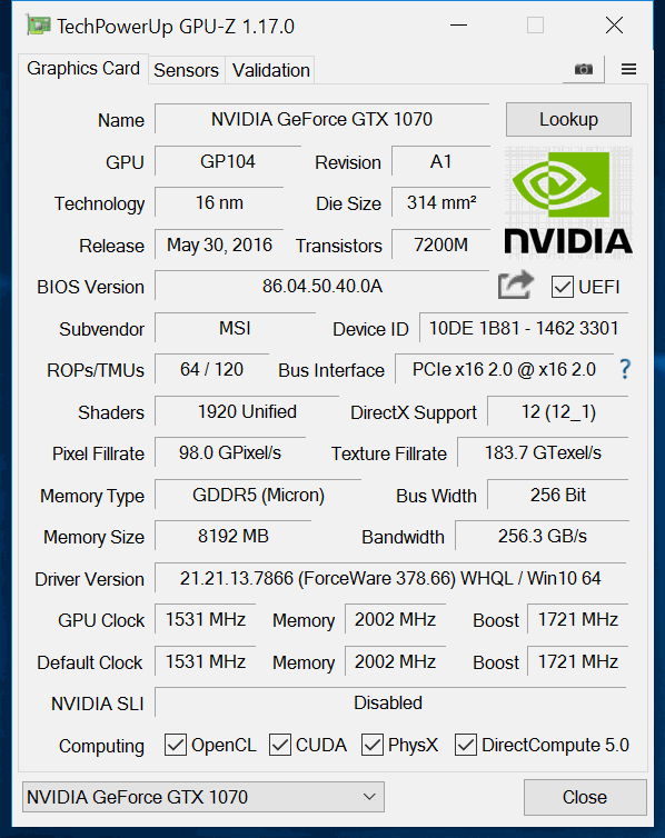 msi gtx1070 aero itx gpuz
