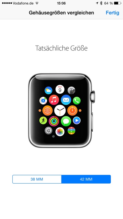 Größenvergleich der Apple Watch in der Apple-Store-App