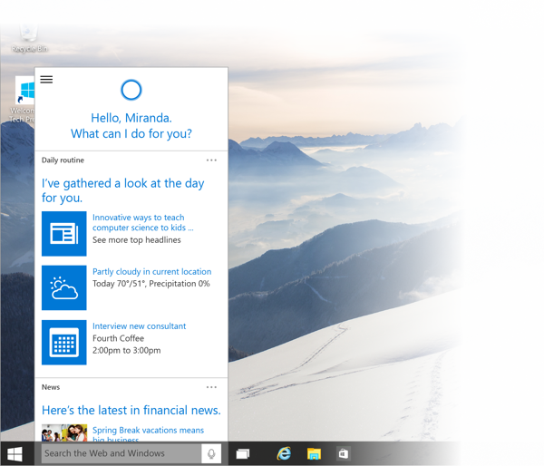 Windows 10 Build 9926 - Cortana auf dem Desktop