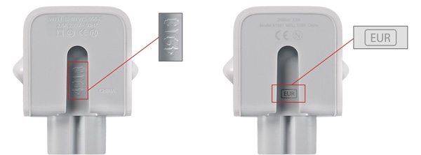 Beschriftung des betroffenen Netzteil-Adapters (links) und des neuen, nicht betroffenen Adapters (rechts)