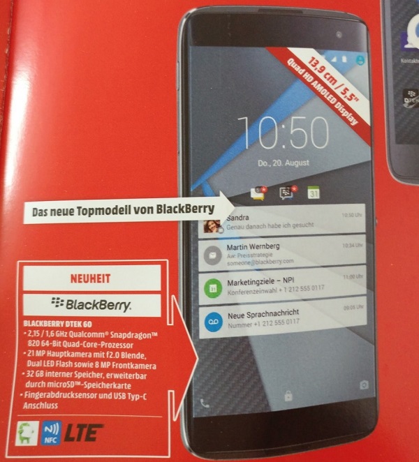 BlackBerry DTEK 60 Media Markt Leak