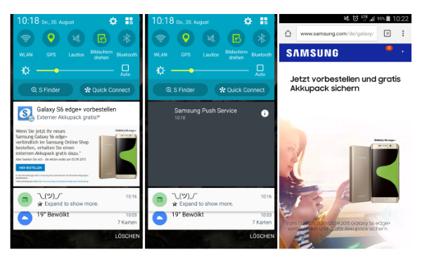 Samsung platziert Werbung für das Galaxy S6 edge+ in der Benachrichtigungszentrale