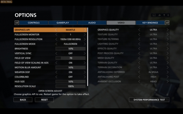 Battlefield: Hardline mit Mantle in den Grafikoptionen